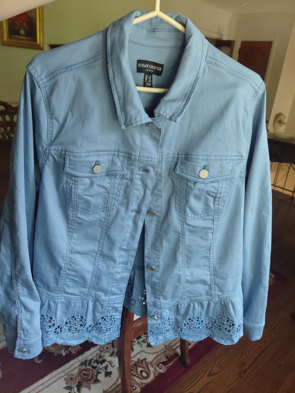 Susan Graver Light Blue Embroidered-Hem Women's Jacket